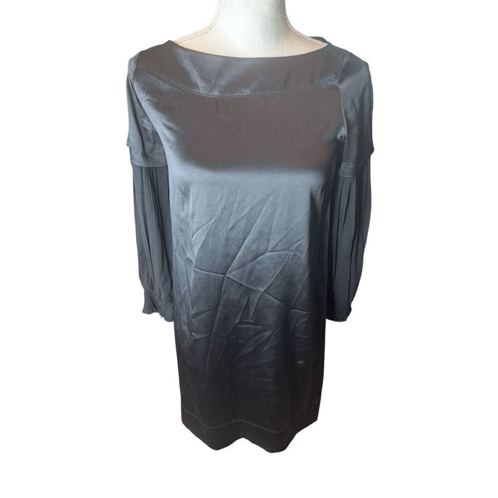 Theory Women's 100% Silk Shift Dress Size 6 Black Long Puff Sleeve Sz P